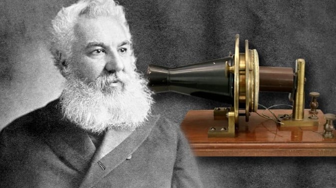 Alexander Graham Bell and his invention, the telephone. | Source: Britannica