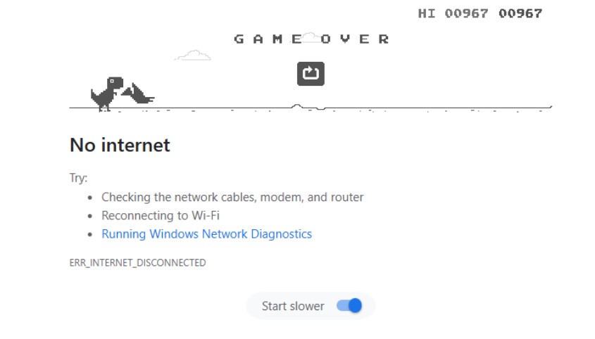 Despite being fun, Google's Dino Run Game can be frustrating as it signals a lost internet connection. Source: Google